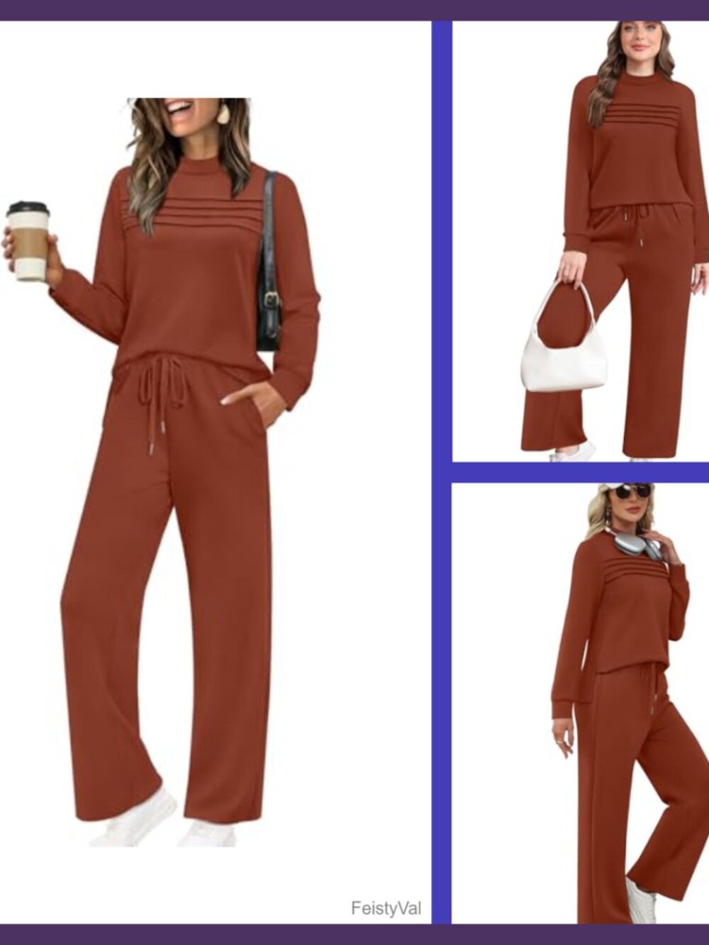 Two Piece Lounge Set Long Sleeve Top Wide Leg Crop Pants Travel